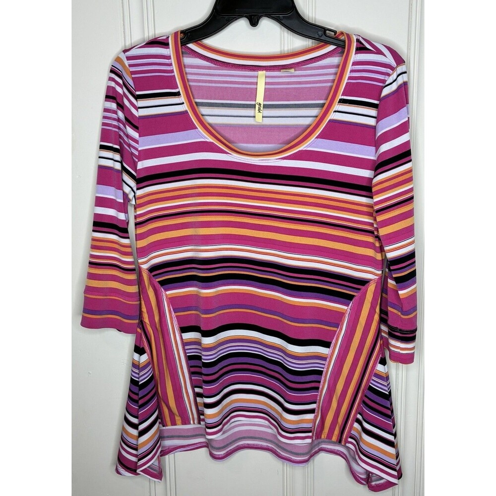Women's Stretch Top Size M Scoop neck 3/4 Sleeves Colorful Stripes Shapely